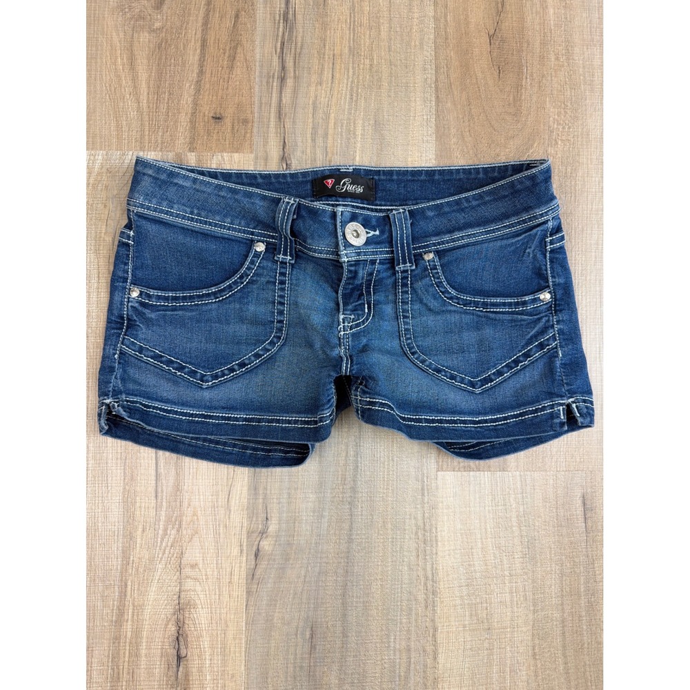 Guess Womens Low Rise Denim Shorts Dark Wash Y2K Contrast Stitch Size 29